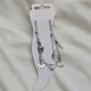 Women's Silver Tone Double Strand Butterfly Charm Ankle Bracelet Anklet Chain